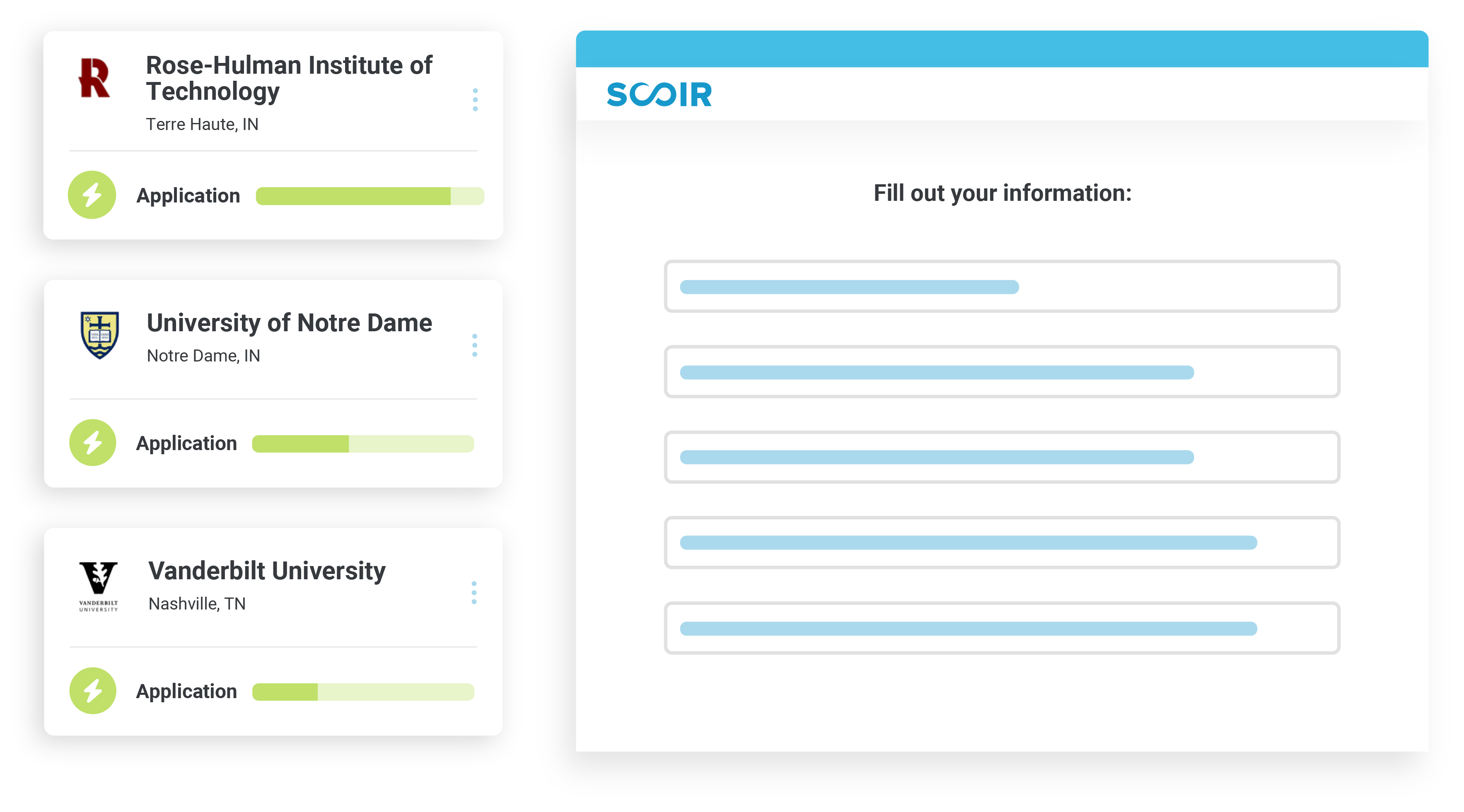 illustration of apply with Scoir with colleges on the lefthand side and progress bars on the right