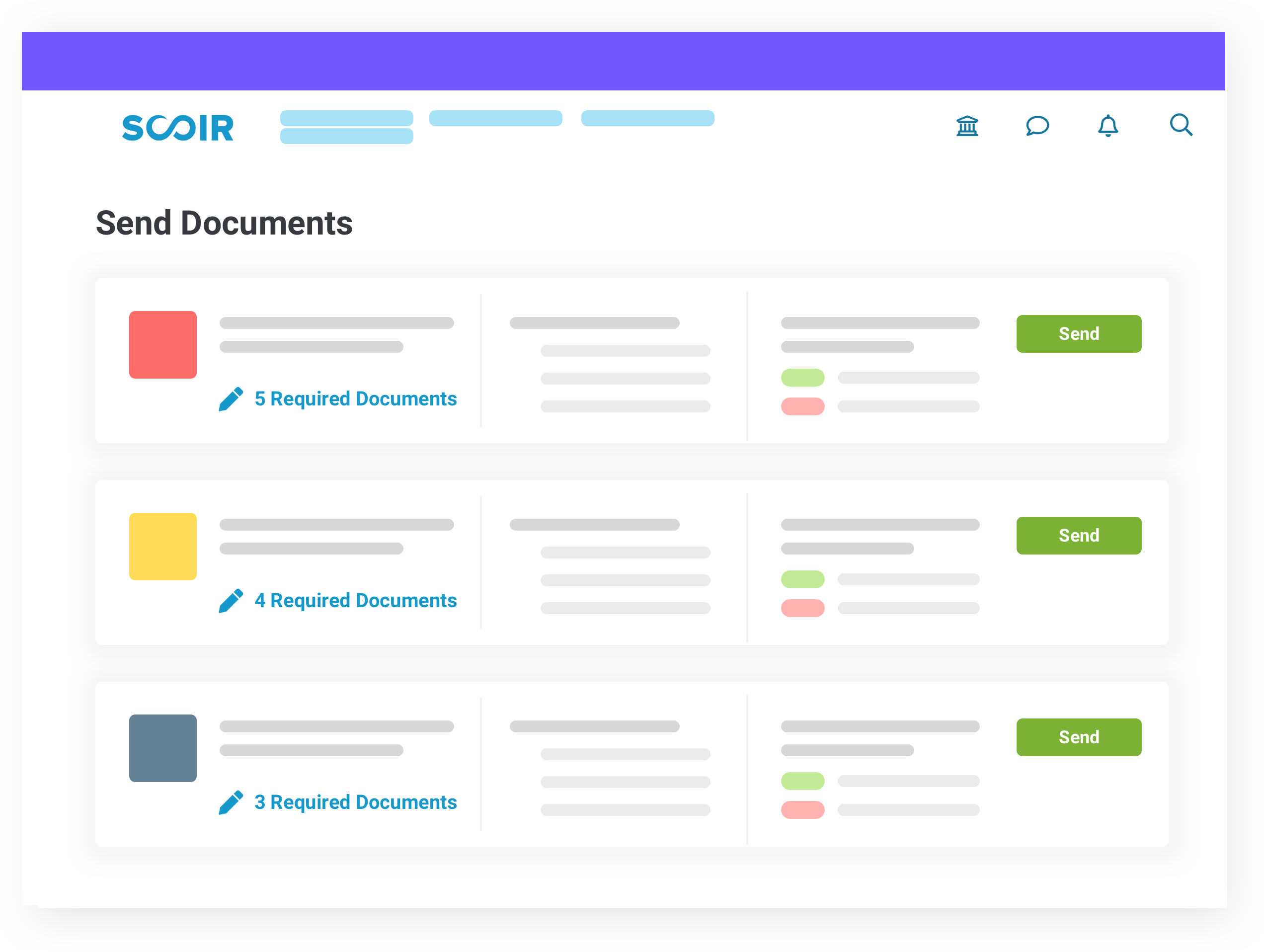 illustration of Send Documents in Scoir, with examples colleges and # of required documents for each